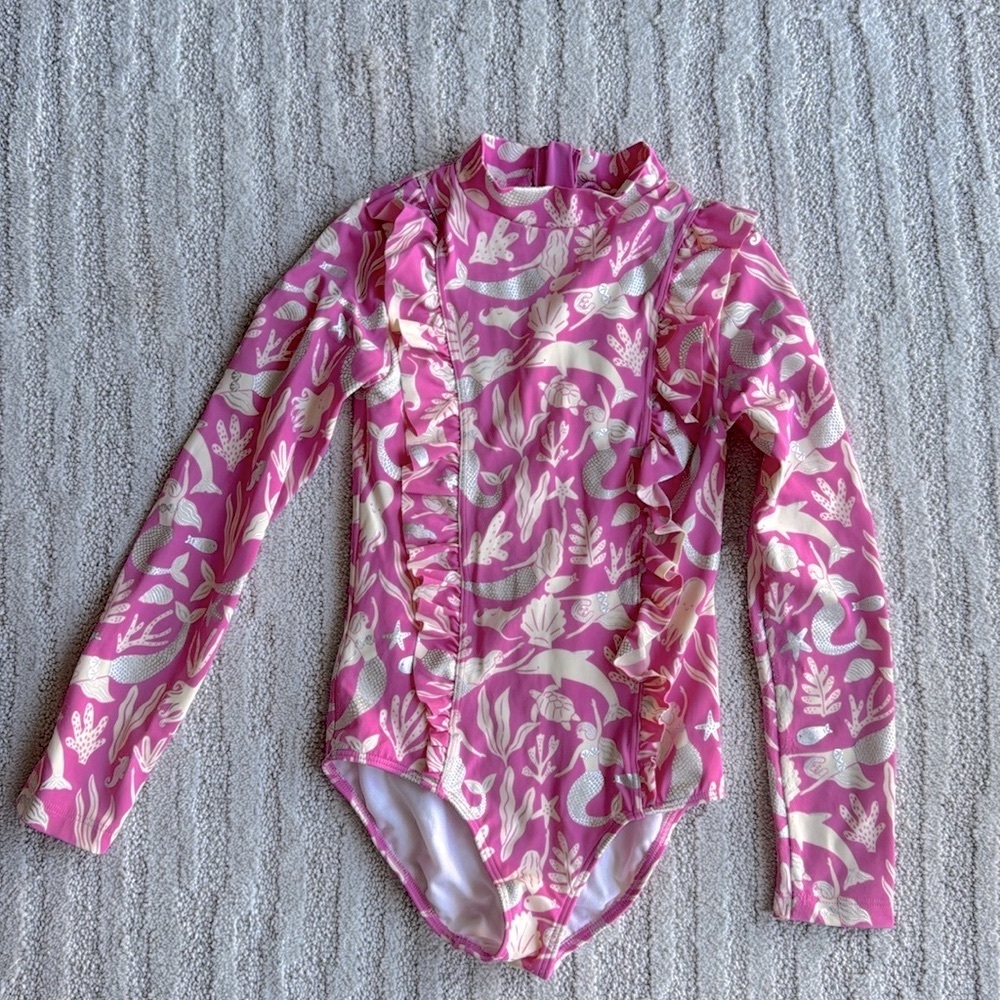 Mini Boden girls pink mermaid metallic long sleeve one piece swimsuit size 8-9